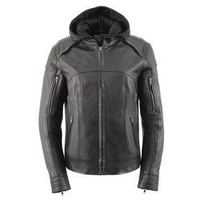 Women’s Vented Leather Motorcycle Jacket with Removable Hoodie