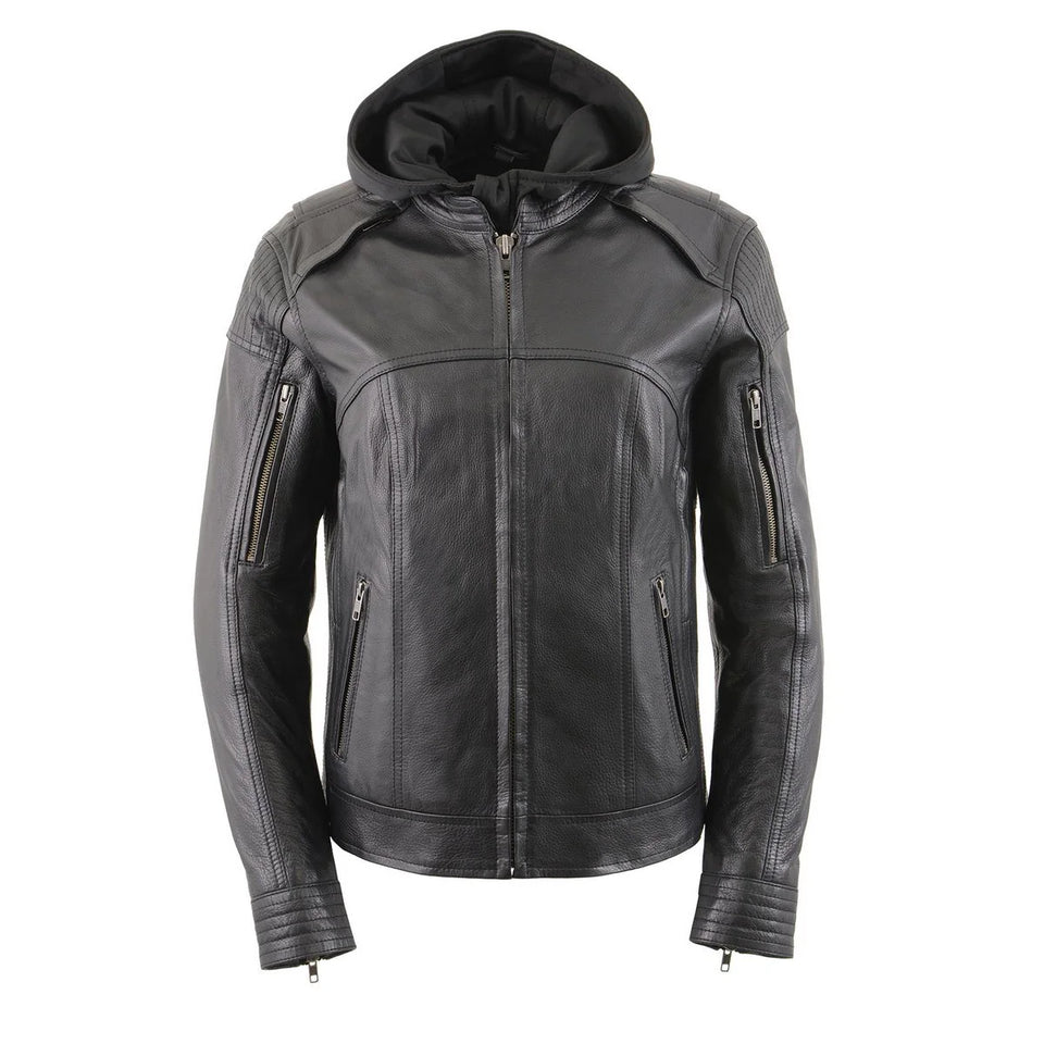 Women’s Vented Leather Motorcycle Jacket with Removable Hoodie