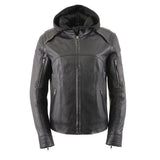 Women’s Vented Leather Motorcycle Jacket with Removable Hoodie