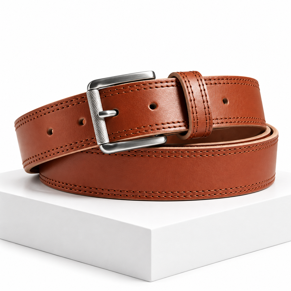 Oxportz Slim Brown Leather Belt – Sheepskin with Double Stitching