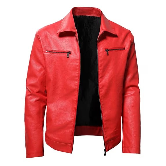Red Leather Jacket- Fashion Autumn Leather Casual Boys