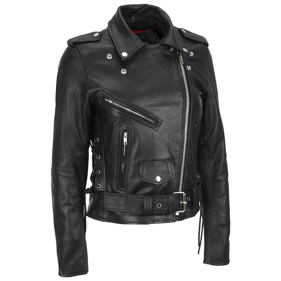 women’s black leather biker jacket