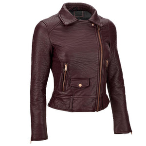 Women’s Burgundy Moto Jacket with Asymmetric Zipper